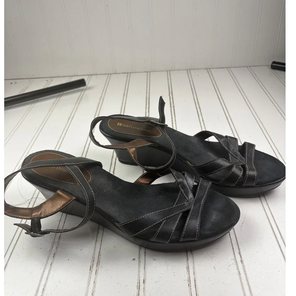 Naturalizer Black Leather Platform Slingback Wedge Sandals Women's Size 9